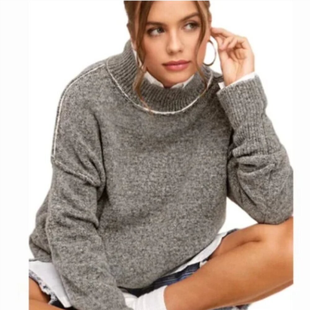 La Miel‎ Women's Ella Mock Neck Turtleneck Sweater Drop Shoulder Grey Size S